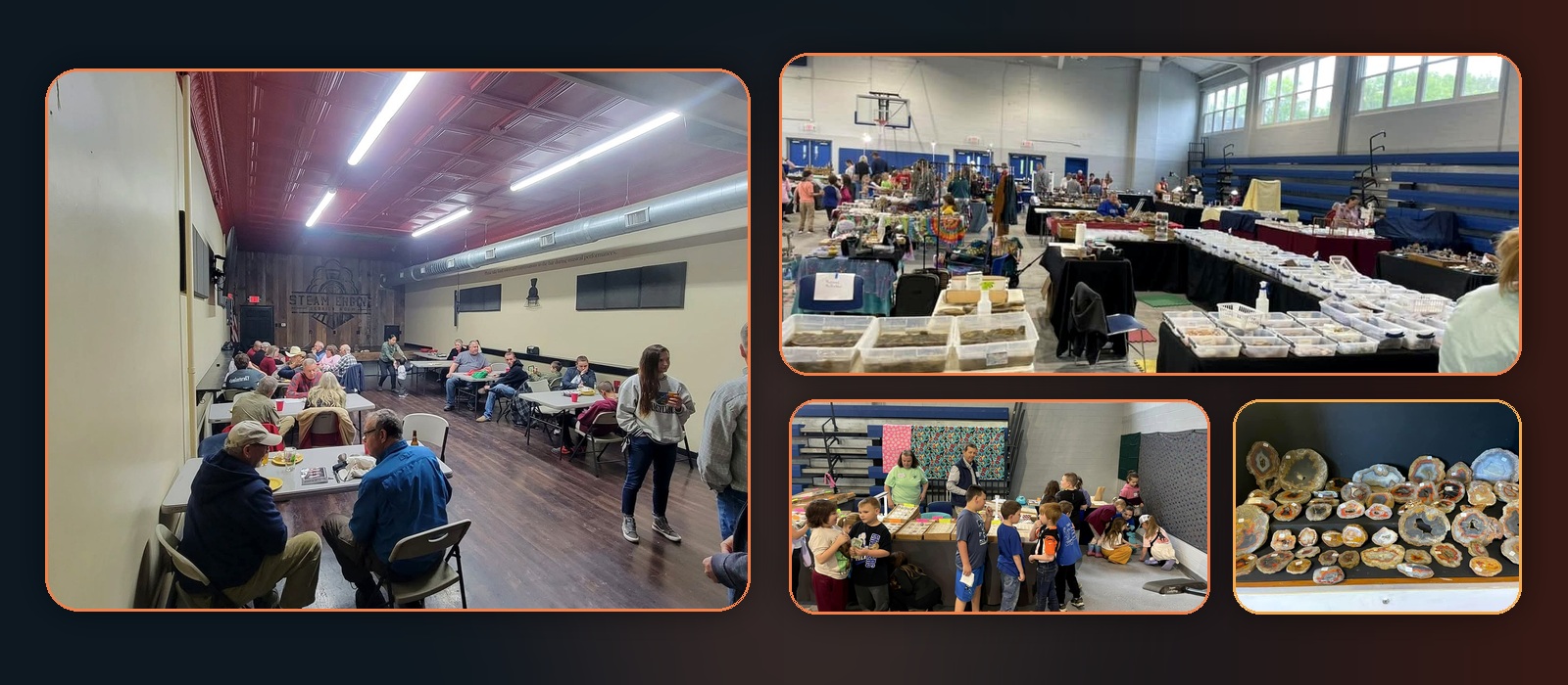 Real Southeast Kentucky Gem, Mineral and Fossil Club photos showing a monthly meeting, rock show, youth education and Kentucky agate displays