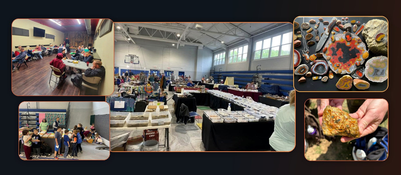 Real Southeast Kentucky Gem, Mineral and Fossil Club photos showing a club meeting, rock show, educational outreach, Kentucky agate displays and a field find
